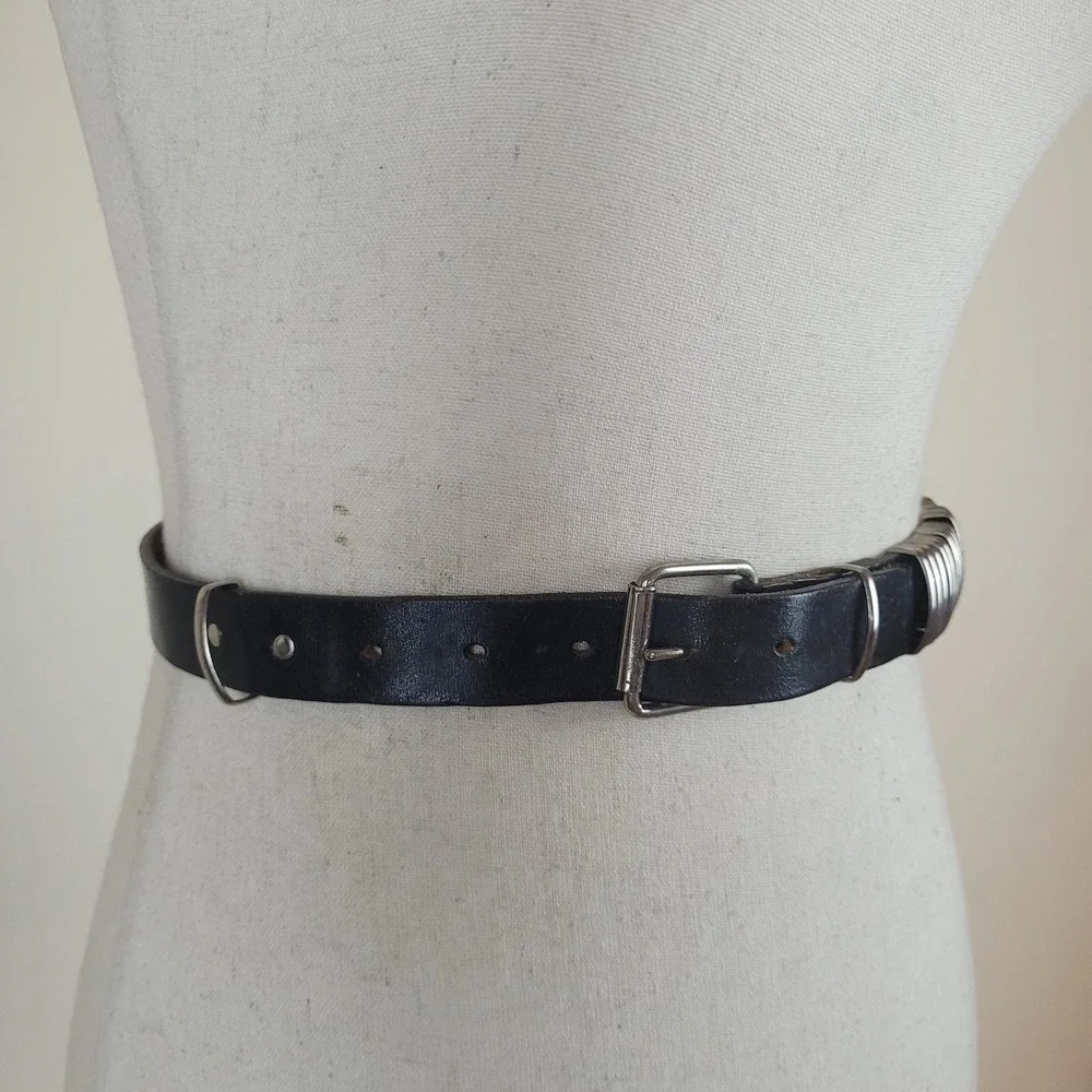 Black Leather Belt Sml Metal Rings Punk Goth Biker Grunge Industrial Cyber Y2K